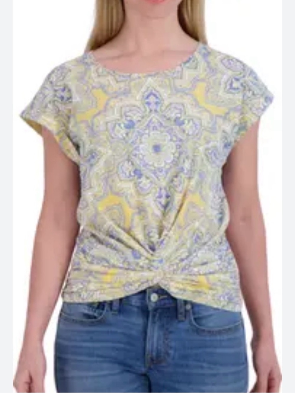 Lucky Brand Womens Blue Yellow Medallion Print Top Size Large Knot-Front